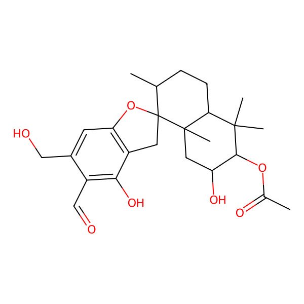 2D Structure of [5'-formyl-3,4'-dihydroxy-6'-(hydroxymethyl)-1,1,4a,6-tetramethylspiro[3,4,6,7,8,8a-hexahydro-2H-naphthalene-5,2'-3H-1-benzofuran]-2-yl] acetate