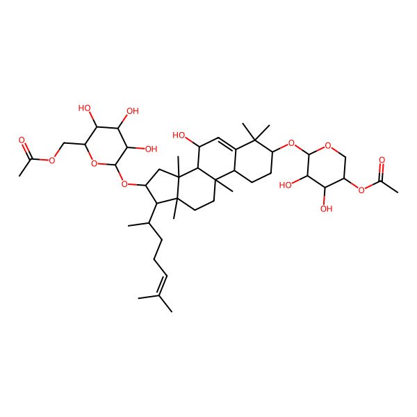 2D Structure of [(2S,3R,4S,5R,6S)-6-[[(3S,7S,8S,9S,10S,13R,14R,16S,17S)-3-[(2R,3R,4R,5S)-5-acetyloxy-3,4-dihydroxyoxan-2-yl]oxy-7-hydroxy-4,4,9,13,14-pentamethyl-17-[(2S)-6-methylhept-5-en-2-yl]-2,3,7,8,10,11,12,15,16,17-decahydro-1H-cyclopenta[a]phenanthren-16-yl]oxy]-3,4,5-trihydroxyoxan-2-yl]methyl acetate