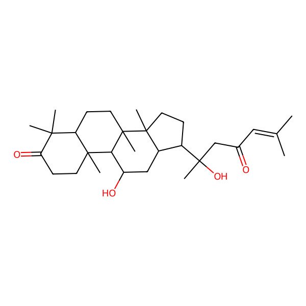 2D Structure of 11-Hydroxy-17-(2-hydroxy-6-methyl-4-oxohept-5-en-2-yl)-4,4,8,10,14-pentamethyl-1,2,5,6,7,9,11,12,13,15,16,17-dodecahydrocyclopenta[a]phenanthren-3-one