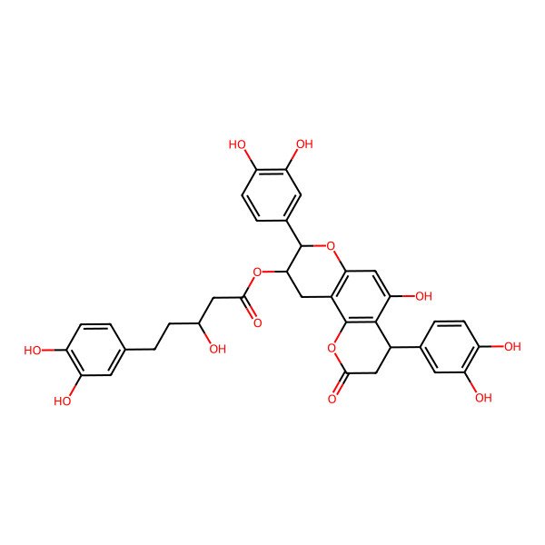 2D Structure of [4,8-bis(3,4-dihydroxyphenyl)-5-hydroxy-2-oxo-4,8,9,10-tetrahydro-3H-pyrano[2,3-h]chromen-9-yl] 5-(3,4-dihydroxyphenyl)-3-hydroxypentanoate