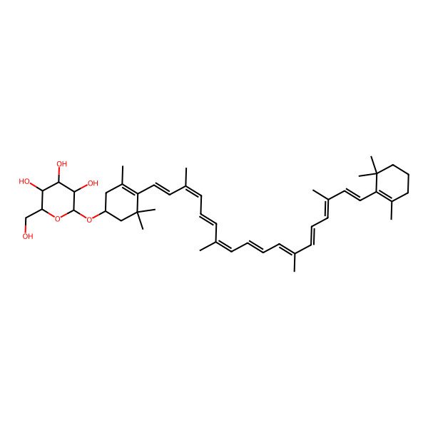 2D Structure of (2R,3S,4S,5R,6R)-2-(hydroxymethyl)-6-[(1R)-3,5,5-trimethyl-4-[(1E,3E,5E,7E,9E,11E,13E,15E,17E)-3,7,12,16-tetramethyl-18-(2,6,6-trimethylcyclohexen-1-yl)octadeca-1,3,5,7,9,11,13,15,17-nonaenyl]cyclohex-3-en-1-yl]oxyoxane-3,4,5-triol
