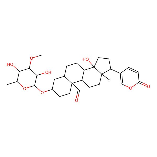 2D Structure of 3-(3,5-Dihydroxy-4-methoxy-6-methyloxan-2-yl)oxy-14-hydroxy-13-methyl-17-(6-oxopyran-3-yl)-1,2,3,4,5,6,7,8,9,11,12,15,16,17-tetradecahydrocyclopenta[a]phenanthrene-10-carbaldehyde