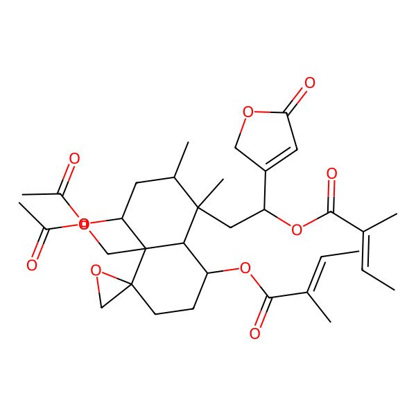 2D Structure of [(1R,4R,4aR,5S,7R,8S,8aR)-5-acetyloxy-4a-(acetyloxymethyl)-7,8-dimethyl-8-[(2S)-2-(2-methylbut-2-enoyloxy)-2-(5-oxo-2H-furan-3-yl)ethyl]spiro[2,3,5,6,7,8a-hexahydro-1H-naphthalene-4,2'-oxirane]-1-yl] (Z)-2-methylbut-2-enoate