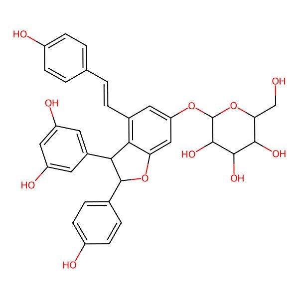 2D Structure of (2S,3R,4S,5S,6R)-2-[[(2S,3S)-3-(3,5-dihydroxyphenyl)-2-(4-hydroxyphenyl)-4-[(Z)-2-(4-hydroxyphenyl)ethenyl]-2,3-dihydro-1-benzofuran-6-yl]oxy]-6-(hydroxymethyl)oxane-3,4,5-triol