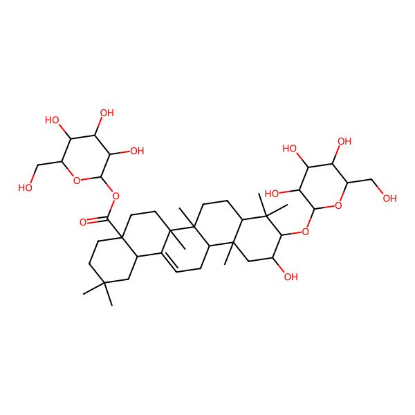 2D Structure of [(2R,3R,4S,5S,6R)-3,4,5-trihydroxy-6-(hydroxymethyl)oxan-2-yl] (4aS,6aR,6aS,6bR,8aR,10R,11R,12aR,14bS)-11-hydroxy-2,2,6a,6b,9,9,12a-heptamethyl-10-[(2R,3R,4S,5S,6R)-3,4,5-trihydroxy-6-(hydroxymethyl)oxan-2-yl]oxy-1,3,4,5,6,6a,7,8,8a,10,11,12,13,14b-tetradecahydropicene-4a-carboxylate