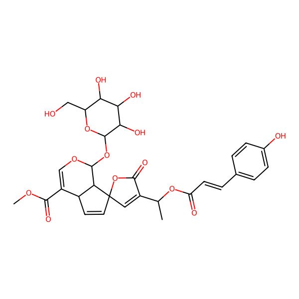 2D Structure of methyl 4'-[1-[3-(4-hydroxyphenyl)prop-2-enoyloxy]ethyl]-5'-oxo-1-[3,4,5-trihydroxy-6-(hydroxymethyl)oxan-2-yl]oxyspiro[4a,7a-dihydro-1H-cyclopenta[c]pyran-7,2'-furan]-4-carboxylate