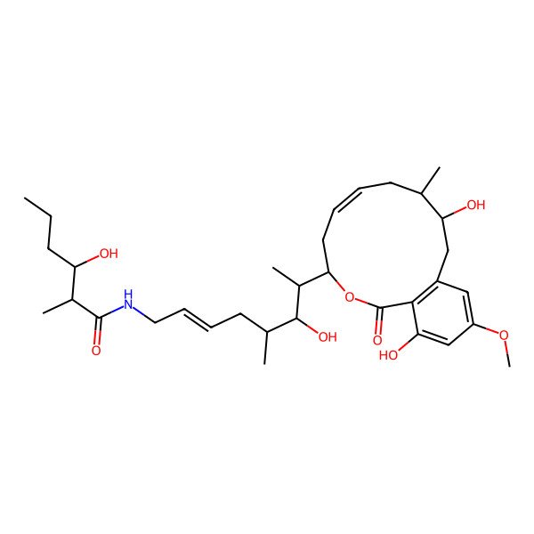 2D Structure of (2R,3S)-N-{(2Z,5R,6R,7S)-7-[(3S,5Z,8S,9R)-9,14-dihydroxy-12-methoxy-8-methyl-1-oxo-3,4,7,8,9,10-hexahydro-1H-2-benzoxacyclododecin-3-yl]-6-hydroxy-5-methyloct-2-en-1-yl}-3-hydroxy-2-methylhexanamide