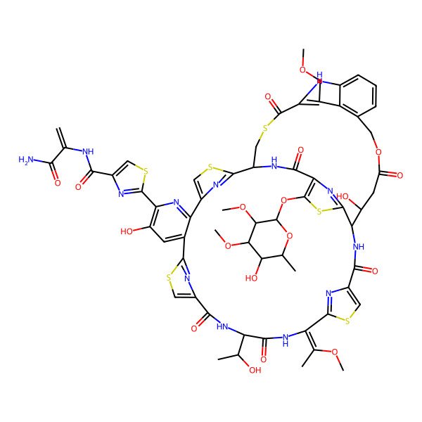 2D Structure of N-(3-amino-3-oxoprop-1-en-2-yl)-2-[9,29-dihydroxy-48-(5-hydroxy-3,4-dimethoxy-6-methyloxan-2-yl)oxy-18-(1-hydroxyethyl)-21-(1-methoxyethylidene)-40-(methoxymethyl)-16,19,26,31,42,46-hexaoxo-32-oxa-3,13,23,43,49-pentathia-7,17,20,27,45,51,52,53,54,55-decazanonacyclo[26.16.6.12,5.112,15.122,25.138,41.147,50.06,11.034,39]pentapentaconta-2(55),4,6,8,10,12(54),14,22(53),24,34(39),35,37,40,47,50-pentadecaen-8-yl]-1,3-thiazole-4-carboxamide