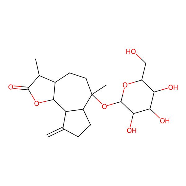 2D Structure of 3,6-dimethyl-9-methylidene-6-[3,4,5-trihydroxy-6-(hydroxymethyl)oxan-2-yl]oxy-3a,4,5,6a,7,8,9a,9b-octahydro-3H-azuleno[4,5-b]furan-2-one