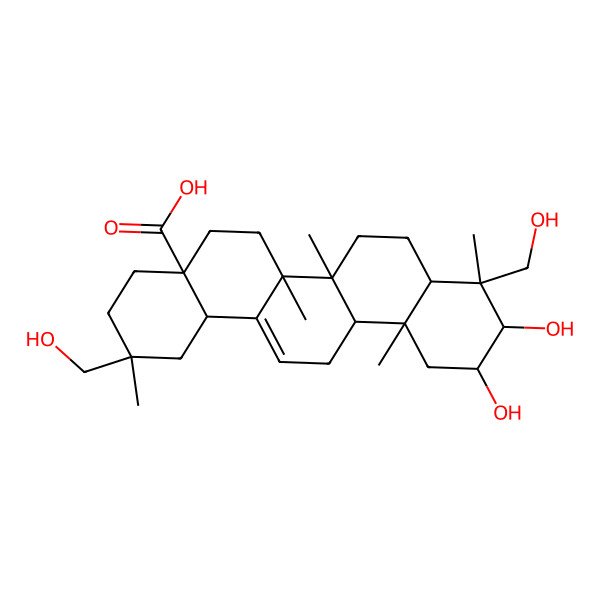 2D Structure of (2R,4aR,6aR,6aS,6bR,8aR,9R,10S,11R,12aR,14bS)-10,11-dihydroxy-2,9-bis(hydroxymethyl)-2,6a,6b,9,12a-pentamethyl-1,3,4,5,6,6a,7,8,8a,10,11,12,13,14b-tetradecahydropicene-4a-carboxylic acid