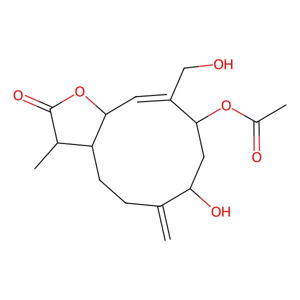 2D Structure of [(3R,3aS,7R,9S,11aR)-7-hydroxy-10-(hydroxymethyl)-3-methyl-6-methylidene-2-oxo-3,3a,4,5,7,8,9,11a-octahydrocyclodeca[b]furan-9-yl] acetate