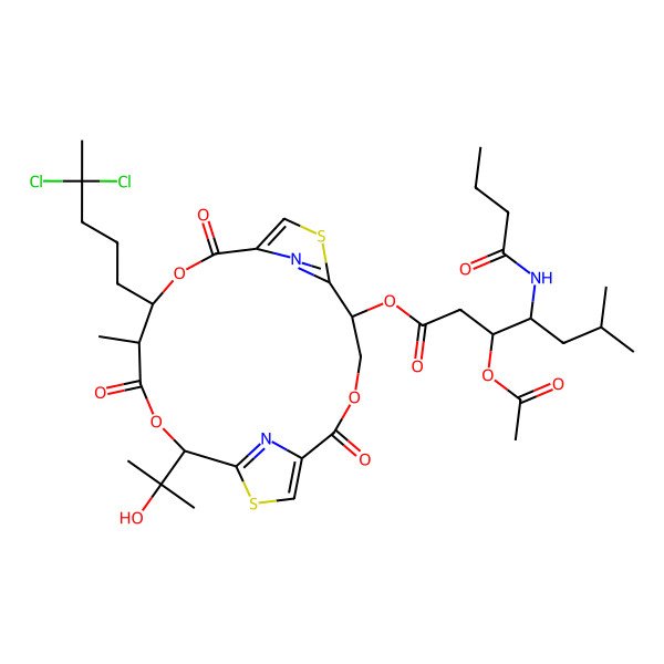 2D Structure of [12-(4,4-Dichloropentyl)-16-(2-hydroxypropan-2-yl)-13-methyl-2,10,14-trioxo-3,11,15-trioxa-7,18-dithia-20,21-diazatricyclo[15.2.1.16,9]henicosa-1(19),6(21),8,17(20)-tetraen-5-yl] 3-acetyloxy-4-(butanoylamino)-6-methylheptanoate