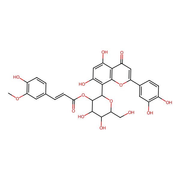 2D Structure of [(2S,3R,4S,5S,6R)-2-[2-(3,4-dihydroxyphenyl)-5,7-dihydroxy-4-oxochromen-8-yl]-4,5-dihydroxy-6-(hydroxymethyl)oxan-3-yl] (E)-3-(4-hydroxy-3-methoxyphenyl)prop-2-enoate