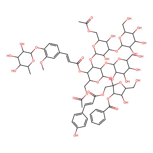 2D Structure of [2-[6-(Acetyloxymethyl)-4-[6-(acetyloxymethyl)-3,5-dihydroxy-4-[3,4,5-trihydroxy-6-(hydroxymethyl)oxan-2-yl]oxyoxan-2-yl]oxy-5-[3-[3-methoxy-4-(3,4,5-trihydroxy-6-methyloxan-2-yl)oxyphenyl]prop-2-enoyloxy]-3-[3,4,5-trihydroxy-6-(hydroxymethyl)oxan-2-yl]oxyoxan-2-yl]oxy-4-hydroxy-5-(hydroxymethyl)-2-[3-(4-hydroxyphenyl)prop-2-enoyloxymethyl]oxolan-3-yl] benzoate