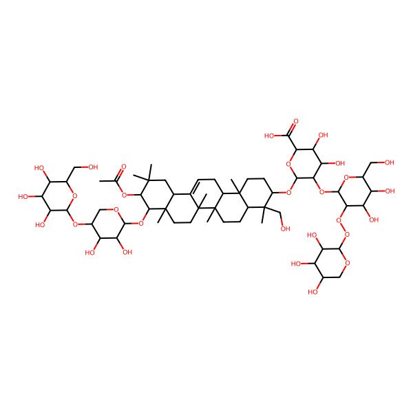 2D Structure of (2S,3S,4S,5R,6R)-6-[[(3S,4S,4aR,6aR,6bS,8aR,10R,12aS,14aR,14bR)-10-acetyloxy-9-[(2S,3R,4R,5S)-3,4-dihydroxy-5-[(2S,3R,4S,5S,6R)-3,4,5-trihydroxy-6-(hydroxymethyl)oxan-2-yl]oxyoxan-2-yl]oxy-4-(hydroxymethyl)-4,6a,6b,8a,11,11,14b-heptamethyl-1,2,3,4a,5,6,7,8,9,10,12,12a,14,14a-tetradecahydropicen-3-yl]oxy]-5-[(2S,3R,4S,5R,6R)-4,5-dihydroxy-6-(hydroxymethyl)-3-[(2S,3R,4S,5R)-3,4,5-trihydroxyoxan-2-yl]peroxyoxan-2-yl]oxy-3,4-dihydroxyoxane-2-carboxylic acid