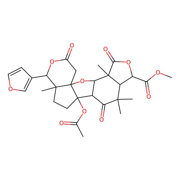 2D Structure of Methyl 12-acetyloxy-16-(furan-3-yl)-4,9,9,15-tetramethyl-5,10,18-trioxo-2,6,17-trioxapentacyclo[10.7.0.01,15.03,11.04,8]nonadecane-7-carboxylate