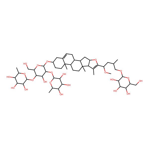 2D Structure of 2-[4-Hydroxy-2-(hydroxymethyl)-6-[[6-[1-methoxy-3-methyl-4-[3,4,5-trihydroxy-6-(hydroxymethyl)oxan-2-yl]oxybutyl]-7,9,13-trimethyl-5-oxapentacyclo[10.8.0.02,9.04,8.013,18]icosa-6,18-dien-16-yl]oxy]-5-(3,4,5-trihydroxy-6-methyloxan-2-yl)oxyoxan-3-yl]oxy-6-methyloxane-3,4,5-triol