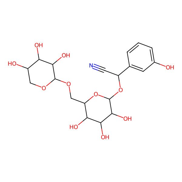 2D Structure of (2S)-2-(3-hydroxyphenyl)-2-[(2R,3R,4S,5S,6R)-3,4,5-trihydroxy-6-[[(2S,3R,4S,5R)-3,4,5-trihydroxyoxan-2-yl]oxymethyl]oxan-2-yl]oxyacetonitrile