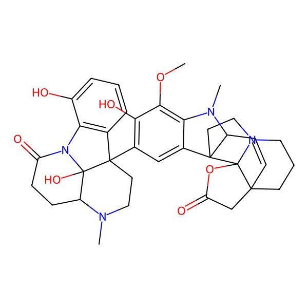 2D Structure of 9-(14,16-Dihydroxy-6-methyl-2-oxo-1,6-diazatetracyclo[7.6.1.05,16.010,15]hexadeca-10(15),11,13-trien-9-yl)-8-hydroxy-7-methoxy-5-methyl-17-oxa-5,15-diazahexacyclo[13.4.3.01,16.04,12.06,11.012,16]docosa-2,6,8,10-tetraen-18-one