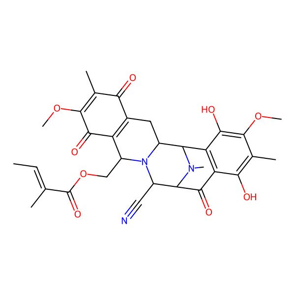 2D Structure of (12-Cyano-16,19-dihydroxy-7,18-dimethoxy-6,17,21-trimethyl-5,8,14-trioxo-11,21-diazapentacyclo[11.7.1.02,11.04,9.015,20]henicosa-4(9),6,15(20),16,18-pentaen-10-yl)methyl 2-methylbut-2-enoate