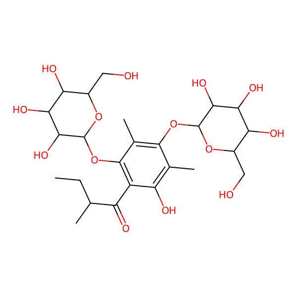 2D Structure of (2R)-1-[2-hydroxy-3,5-dimethyl-4,6-bis[[(2S,3R,4S,5S,6R)-3,4,5-trihydroxy-6-(hydroxymethyl)oxan-2-yl]oxy]phenyl]-2-methylbutan-1-one