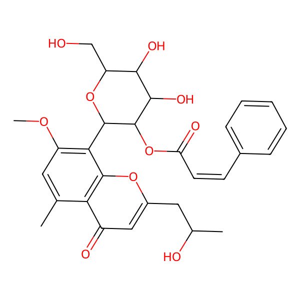 2D Structure of [(2S,3R,4S,5S,6R)-4,5-dihydroxy-6-(hydroxymethyl)-2-[2-[(2S)-2-hydroxypropyl]-7-methoxy-5-methyl-4-oxochromen-8-yl]oxan-3-yl] (E)-3-phenylprop-2-enoate