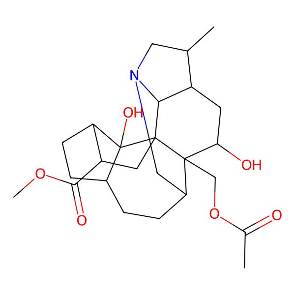 2D Structure of methyl (1R,3R,4R,14S,20S)-18-(acetyloxymethyl)-17,20-dihydroxy-14-methyl-12-azahexacyclo[10.6.1.11,4.010,18.015,19.07,20]icosane-3-carboxylate