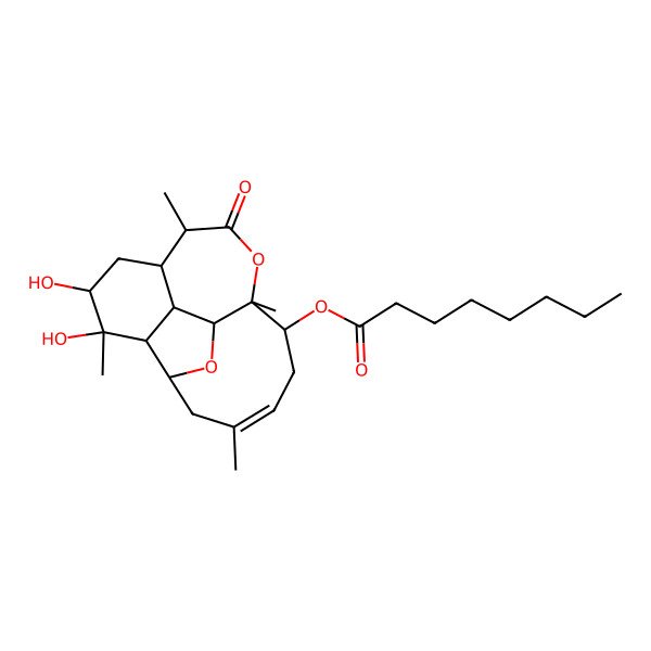 2D Structure of [(1S,2S,3R,4R,5R,7R,8R,11S,12R,14E,17S)-4,5-dihydroxy-4,8,11,15-tetramethyl-9-oxo-10,18-dioxatetracyclo[9.7.0.02,7.03,17]octadec-14-en-12-yl] octanoate