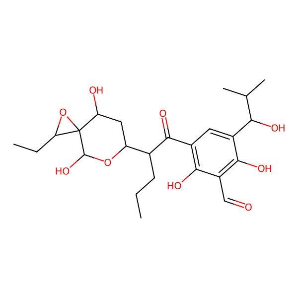 2D Structure of 3-[2-(2-Ethyl-4,8-dihydroxy-1,7-dioxaspiro[2.5]octan-6-yl)pentanoyl]-2,6-dihydroxy-5-(1-hydroxy-2-methylpropyl)benzaldehyde