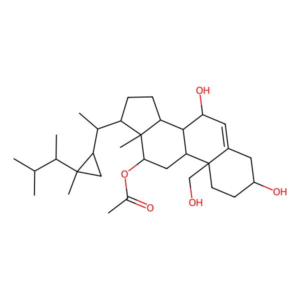 2D Structure of [(3S,7S,8R,9S,10S,12R,13R,14S,17R)-3,7-dihydroxy-10-(hydroxymethyl)-13-methyl-17-[(1R)-1-[(1R,2R)-2-methyl-2-[(2R)-3-methylbutan-2-yl]cyclopropyl]ethyl]-2,3,4,7,8,9,11,12,14,15,16,17-dodecahydro-1H-cyclopenta[a]phenanthren-12-yl] acetate