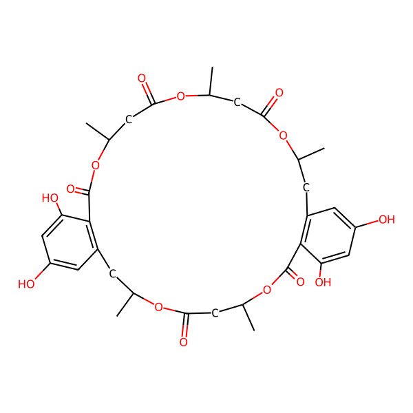 2D Structure of 12,14,30,32-Tetrahydroxy-4,8,18,22,26-pentamethyl-3,7,17,21,25-pentaoxatricyclo[26.4.0.010,15]dotriaconta-1(28),10(15),11,13,29,31-hexaene-2,6,16,20,24-pentone