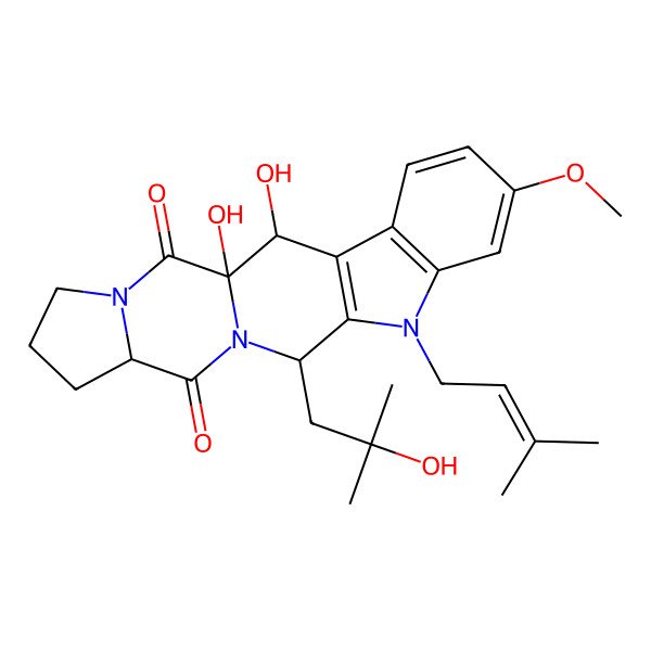 2D Structure of 1,2-Dihydroxy-12-(2-hydroxy-2-methylpropyl)-7-methoxy-10-(3-methylbut-2-enyl)-10,13,19-triazapentacyclo[11.7.0.03,11.04,9.015,19]icosa-3(11),4(9),5,7-tetraene-14,20-dione