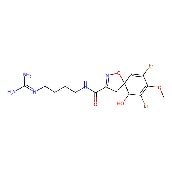 2D Structure of 7,9-dibromo-N-[4-(diaminomethylideneamino)butyl]-6-hydroxy-8-methoxy-1-oxa-2-azaspiro[4.5]deca-2,7,9-triene-3-carboxamide