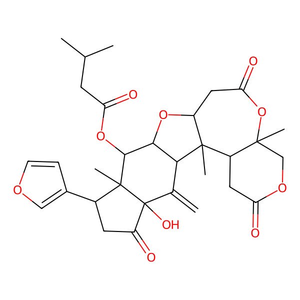 2D Structure of [(1R,2R,4S,7S,8R,9R,10R,12S,16S,21R)-7-(furan-3-yl)-4-hydroxy-1,8,16-trimethyl-3-methylidene-5,14,19-trioxo-11,15,18-trioxapentacyclo[10.9.0.02,10.04,8.016,21]henicosan-9-yl] 3-methylbutanoate