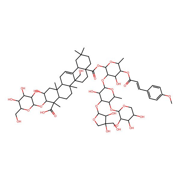 2D Structure of (2S,3R,4S,4aR,6aR,6bR,8aS,12aS,14aR,14bR)-8a-[(2S,3R,4S,5R,6R)-3-[(2S,3R,4S,5S,6S)-4-[(2S,3R,4R)-3,4-dihydroxy-4-(hydroxymethyl)oxolan-2-yl]oxy-3-hydroxy-6-methyl-5-[(2S,3R,4S,5R)-3,4,5-trihydroxyoxan-2-yl]oxyoxan-2-yl]oxy-4-hydroxy-5-[(Z)-3-(4-methoxyphenyl)prop-2-enoyl]oxy-6-methyloxan-2-yl]oxycarbonyl-2-hydroxy-6b-(hydroxymethyl)-4,6a,11,11,14b-pentamethyl-3-[(2R,3R,4S,5S,6R)-3,4,5-trihydroxy-6-(hydroxymethyl)oxan-2-yl]oxy-1,2,3,4a,5,6,7,8,9,10,12,12a,14,14a-tetradecahydropicene-4-carboxylic acid