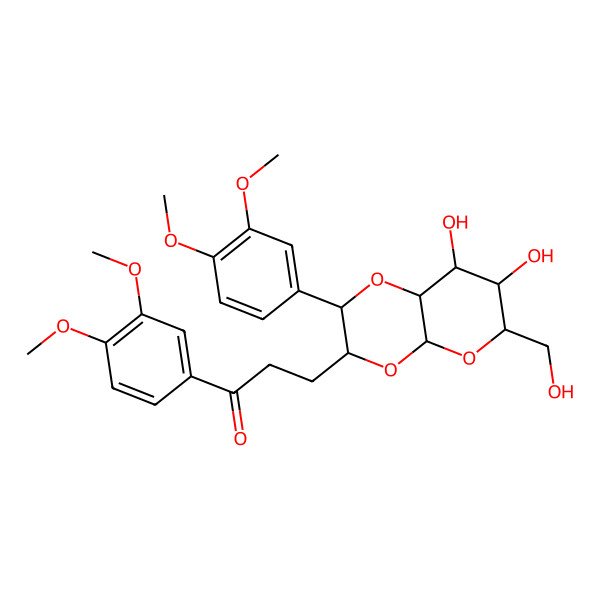 2D Structure of 1-(3,4-dimethoxyphenyl)-3-[2-(3,4-dimethoxyphenyl)-7,8-dihydroxy-6-(hydroxymethyl)-3,4a,6,7,8,8a-hexahydro-2H-pyrano[2,3-b][1,4]dioxin-3-yl]propan-1-one