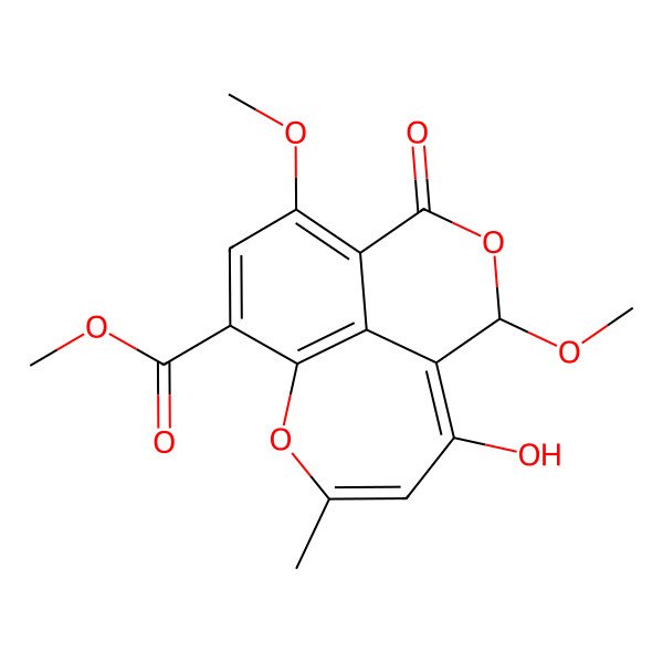 2D Structure of methyl (2R)-13-hydroxy-2,6-dimethoxy-11-methyl-4-oxo-3,10-dioxatricyclo[7.4.1.05,14]tetradeca-1(13),5,7,9(14),11-pentaene-8-carboxylate