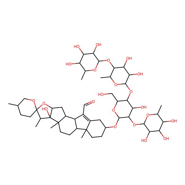 2D Structure of 16-[5-[3,4-Dihydroxy-6-methyl-5-(3,4,5-trihydroxy-6-methyloxan-2-yl)oxyoxan-2-yl]oxy-4-hydroxy-6-(hydroxymethyl)-3-(3,4,5-trihydroxy-6-methyloxan-2-yl)oxyoxan-2-yl]oxy-8-hydroxy-5',7,9,13-tetramethylspiro[5-oxapentacyclo[10.7.0.02,9.04,8.013,18]nonadec-18-ene-6,2'-oxane]-19-carbaldehyde