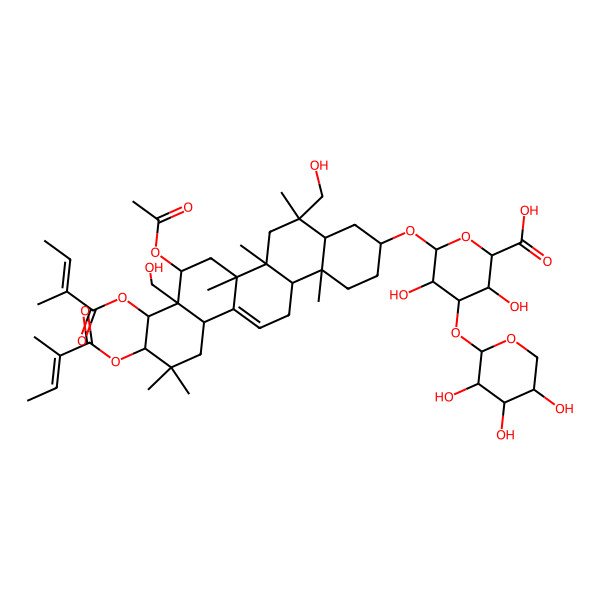 2D Structure of 6-[[8-Acetyloxy-5,8a-bis(hydroxymethyl)-5,6a,6b,11,11,14b-hexamethyl-9,10-bis(2-methylbut-2-enoyloxy)-1,2,3,4,4a,6,7,8,9,10,12,12a,14,14a-tetradecahydropicen-3-yl]oxy]-3,5-dihydroxy-4-(3,4,5-trihydroxyoxan-2-yl)oxyoxane-2-carboxylic acid