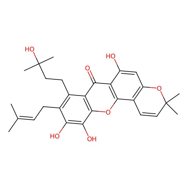 2D Structure of 6,10,11-Trihydroxy-8-(3-hydroxy-3-methylbutyl)-3,3-dimethyl-9-(3-methylbut-2-enyl)pyrano[2,3-c]xanthen-7-one