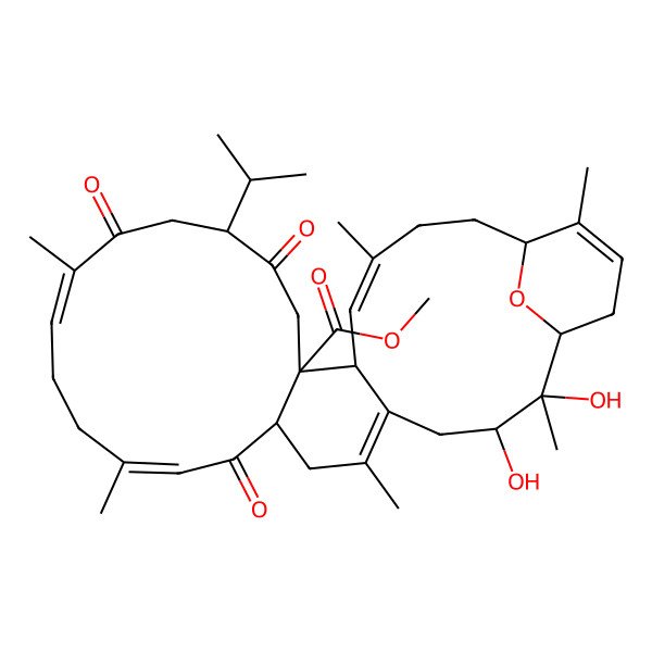 2D Structure of methyl (1S,2R,3R,8R,10Z,14Z,18R,21R,22R,23Z,27R)-2,3-dihydroxy-2,6,11,15,24,28-hexamethyl-9,16,19-trioxo-18-propan-2-yl-31-oxatetracyclo[25.3.1.05,22.08,21]hentriaconta-5,10,14,23,28-pentaene-21-carboxylate