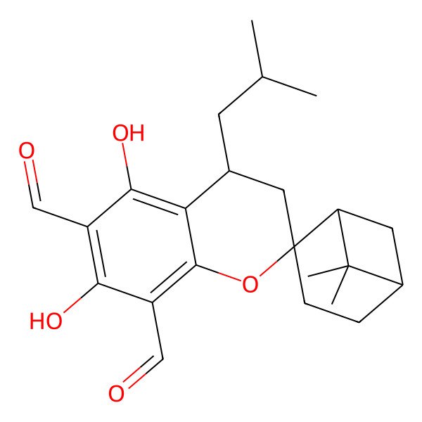 2D Structure of (1'R,2R,4S,5'S)-5,7-dihydroxy-4-isobutyl-6',6'-dimethyl-spiro[chromane-2,2'-norpinane]-6,8-dicarbaldehyde