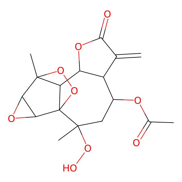 2D Structure of [(1R,2R,4S,5R,9S,10S,11S,12R,14S)-2-hydroperoxy-2,11-dimethyl-6-methylidene-7-oxo-8,13,15,16-tetraoxapentacyclo[9.3.2.01,10.05,9.012,14]hexadecan-4-yl] acetate