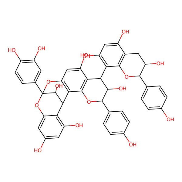 2D Structure of (1R,5R,6R,7S,13S,21R)-13-(3,4-dihydroxyphenyl)-5-(4-hydroxyphenyl)-7-[(2R,3R)-3,5,7-trihydroxy-2-(4-hydroxyphenyl)-3,4-dihydro-2H-chromen-8-yl]-4,12,14-trioxapentacyclo[11.7.1.02,11.03,8.015,20]henicosa-2(11),3(8),9,15,17,19-hexaene-6,9,17,19,21-pentol