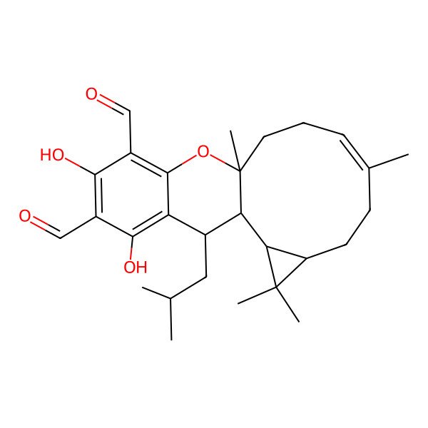 2D Structure of (1S,2R,4R,7E,11S,19S)-15,17-dihydroxy-3,3,7,11-tetramethyl-19-(2-methylpropyl)-12-oxatetracyclo[9.8.0.02,4.013,18]nonadeca-7,13,15,17-tetraene-14,16-dicarbaldehyde