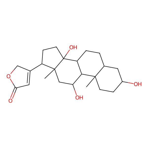 2D Structure of 3-[(3S,5S,8R,9S,10S,11R,13R,14S,17R)-3,11,14-trihydroxy-10,13-dimethyl-1,2,3,4,5,6,7,8,9,11,12,15,16,17-tetradecahydrocyclopenta[a]phenanthren-17-yl]-2H-furan-5-one