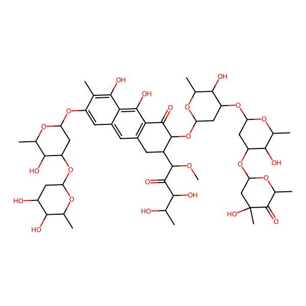 2D Structure of (2R,4S,6R)-6-[(2R,3S,4R,6S)-6-[(2R,3R,4R,6S)-6-[[(2S,3S)-3-[(1S,3S,4R)-3,4-dihydroxy-1-methoxy-2-oxopentyl]-6-[(2S,4R,5R,6R)-4-[(2S,4R,5S,6R)-4,5-dihydroxy-6-methyloxan-2-yl]oxy-5-hydroxy-6-methyloxan-2-yl]oxy-8,9-dihydroxy-7-methyl-1-oxo-3,4-dihydro-2H-anthracen-2-yl]oxy]-3-hydroxy-2-methyloxan-4-yl]oxy-3-hydroxy-2-methyloxan-4-yl]oxy-4-hydroxy-2,4-dimethyloxan-3-one