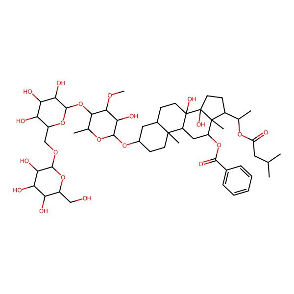 2D Structure of [(3S,5S,8S,9R,10S,12R,13S,14R,17S)-8,14-dihydroxy-3-[(2R,3R,4R,5S,6R)-3-hydroxy-4-methoxy-6-methyl-5-[(2S,3R,4S,5S,6R)-3,4,5-trihydroxy-6-[[(2R,3R,4S,5S,6R)-3,4,5-trihydroxy-6-(hydroxymethyl)oxan-2-yl]oxymethyl]oxan-2-yl]oxyoxan-2-yl]oxy-10,13-dimethyl-17-[1-(3-methylbutanoyloxy)ethyl]-2,3,4,5,6,7,9,11,12,15,16,17-dodecahydro-1H-cyclopenta[a]phenanthren-12-yl] benzoate