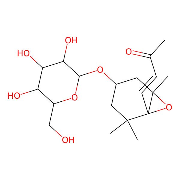 2D Structure of (E)-4-[(1S,4S,6R)-2,2,6-trimethyl-4-[(2S,3R,4S,5S,6R)-3,4,5-trihydroxy-6-(hydroxymethyl)oxan-2-yl]oxy-7-oxabicyclo[4.1.0]heptan-1-yl]but-3-en-2-one