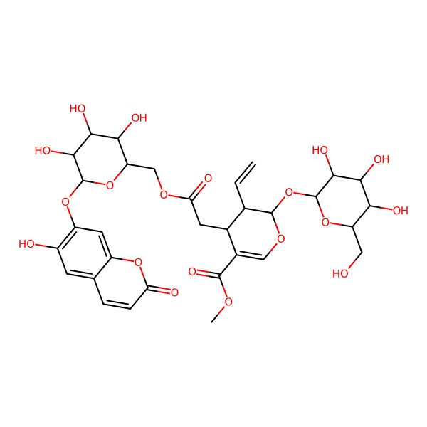 2D Structure of methyl (2R,3R,4S)-3-ethenyl-4-[2-oxo-2-[[(2S,3S,4S,5R,6S)-3,4,5-trihydroxy-6-(6-hydroxy-2-oxochromen-7-yl)oxyoxan-2-yl]methoxy]ethyl]-2-[(2S,3R,4S,5S,6S)-3,4,5-trihydroxy-6-(hydroxymethyl)oxan-2-yl]oxy-3,4-dihydro-2H-pyran-5-carboxylate